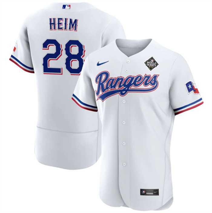 Mens Texas Rangers #28 Jonah Heim White 2023 World Series Flex Base Stitched Baseball Jersey Dzhi